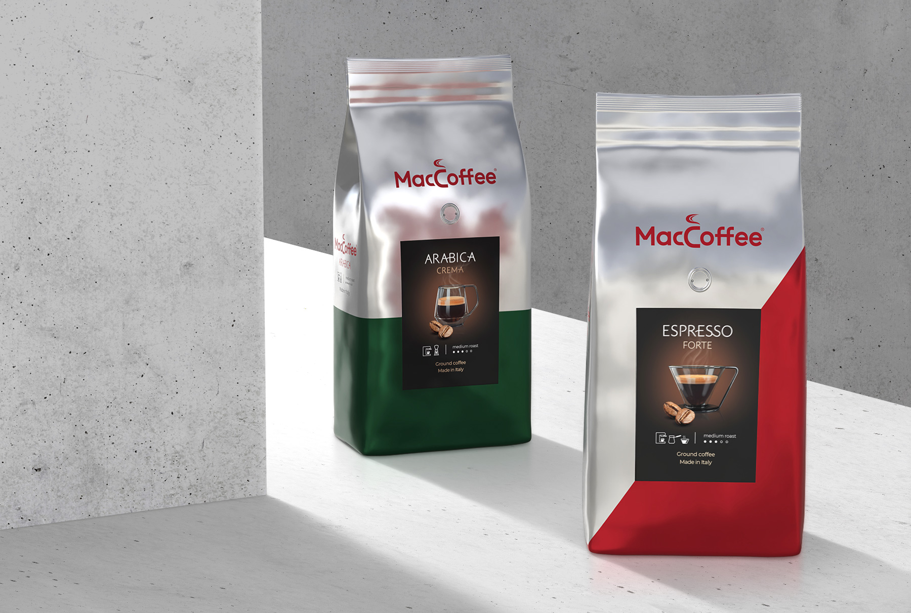 Дизайн упаковки зернового кофе Maccoffee espresso 