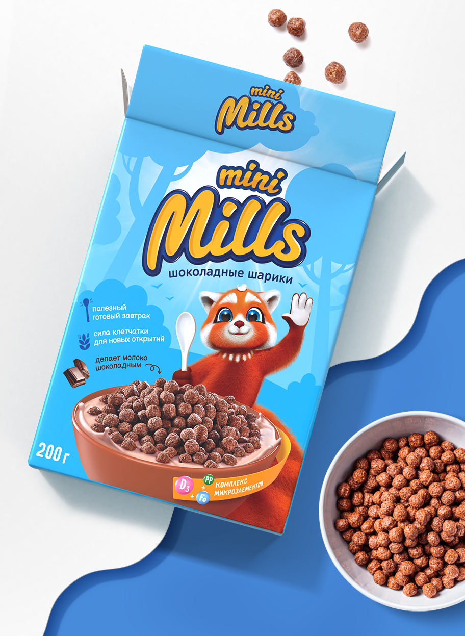 Дизайн упаковки готовых завтраков Mini Mills для Объединения Союзпищепром
